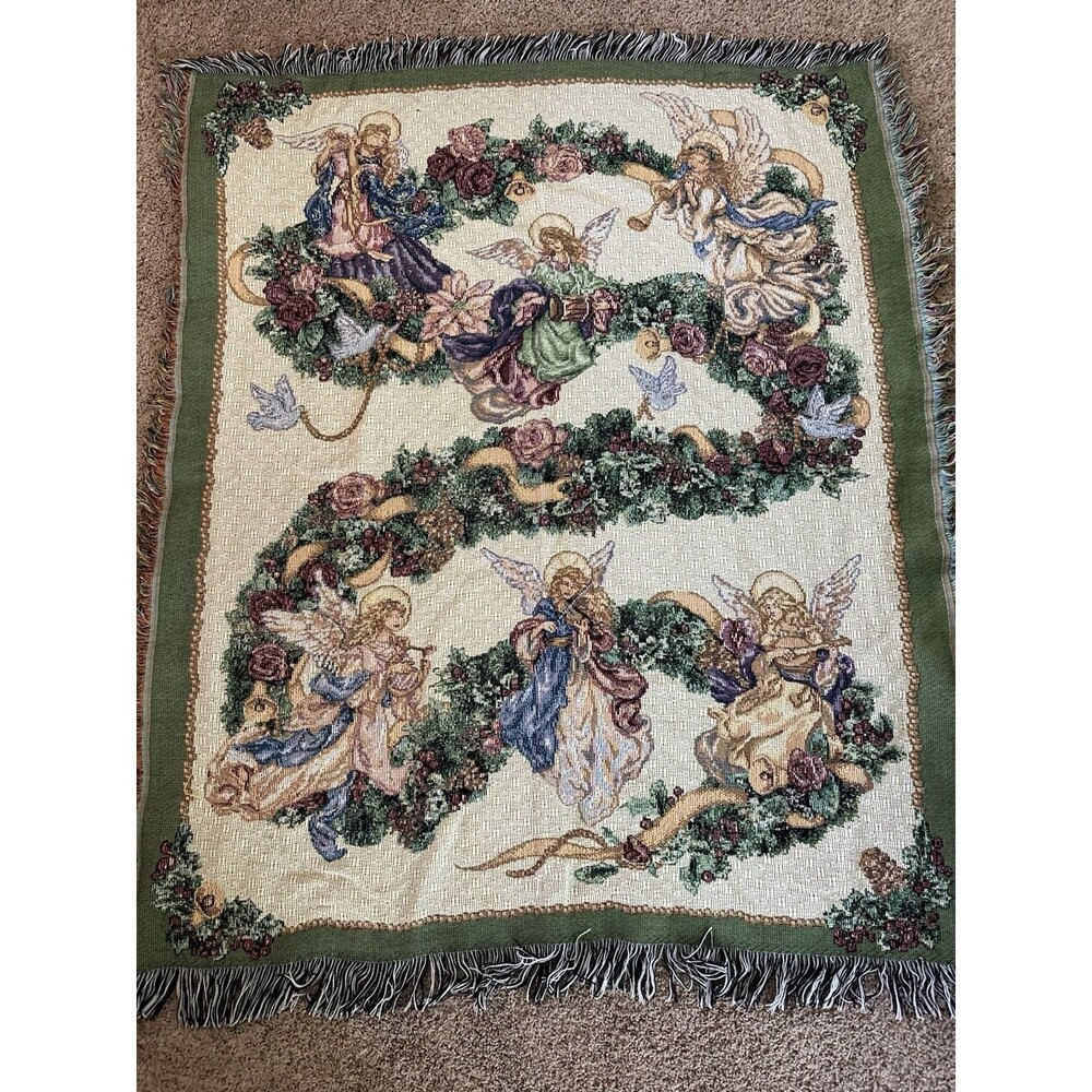 VTG Lena Liu Angel Wreath Tapestry Throw 51 By 58 Floral